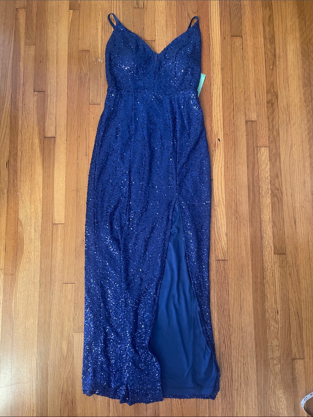 Navy Sequin Spaghetti Strap Evening Gown